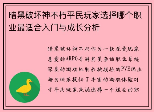 暗黑破坏神不朽平民玩家选择哪个职业最适合入门与成长分析